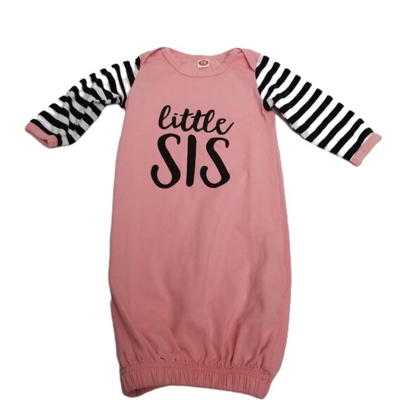 Baby Girl Little Sis Size 0-3 Pink Striped Sleeve Sleep Gown Newborn Coming Home - Picture 1 of 7